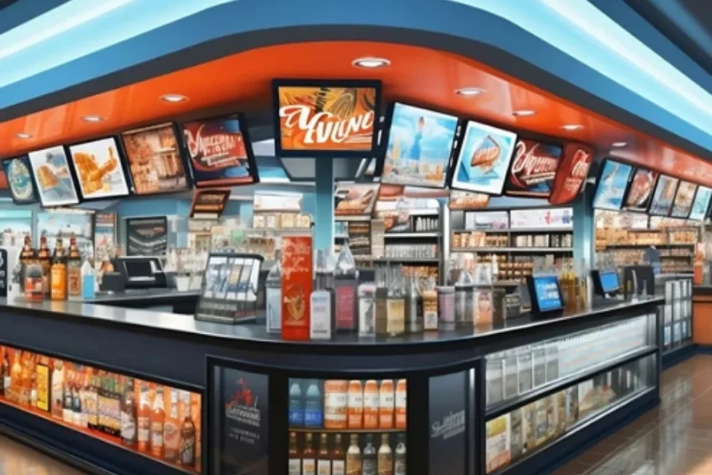 Retail liquor store interior with shelves of bottles