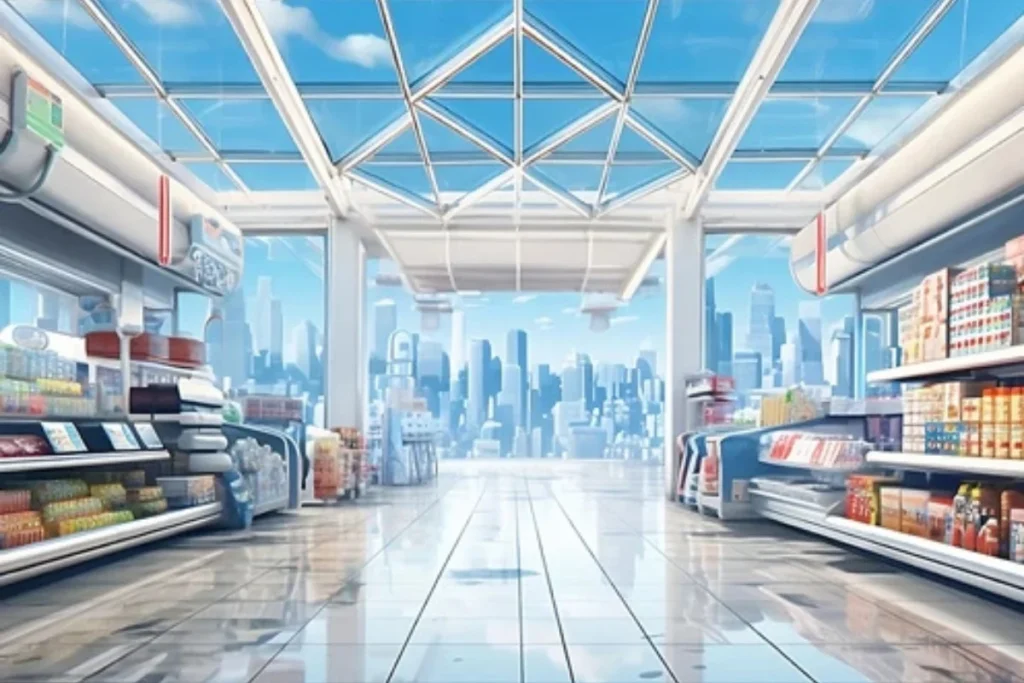 Bright convenience store interior aisles and counter