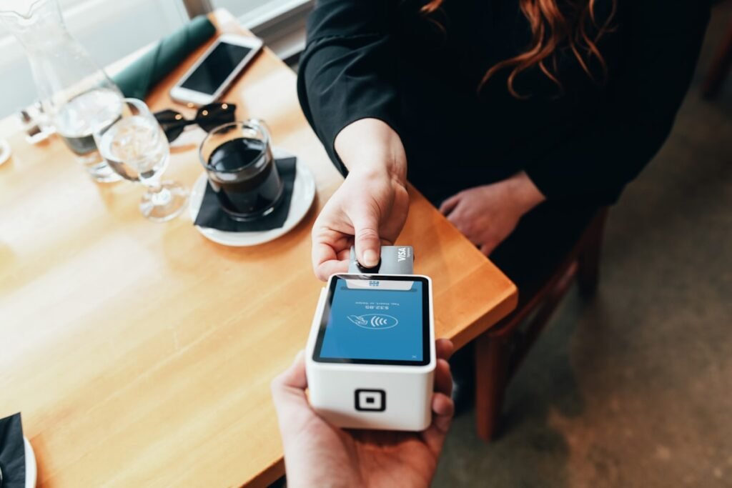 Card payment terminal at a retail checkout counter