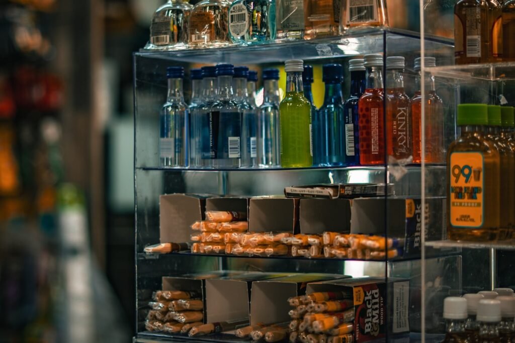 Bottles of liquor and wine displayed on retail store shelves